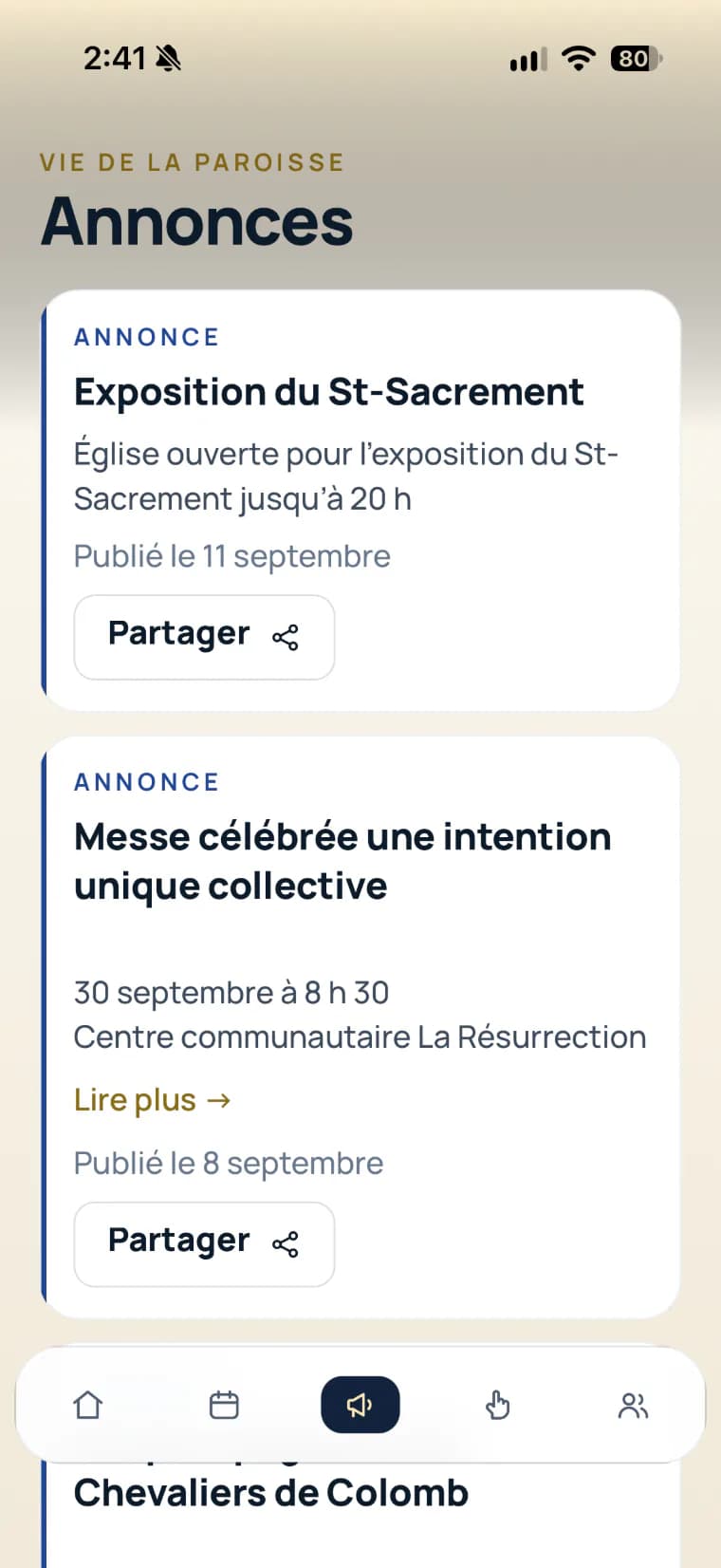 Écran Annonces de l’application