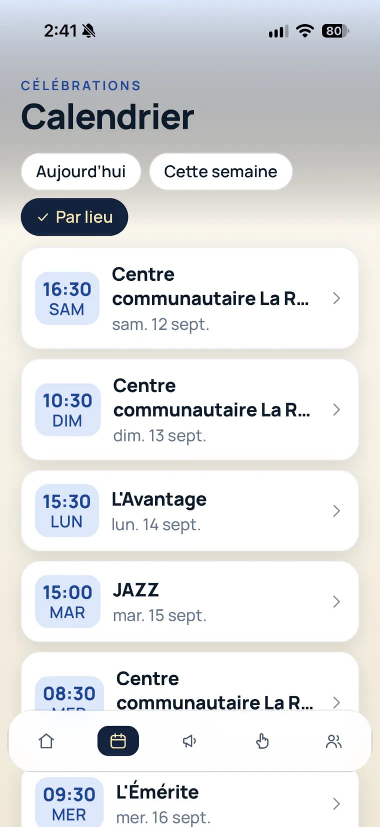 Écran Calendrier de l’application Église Connect